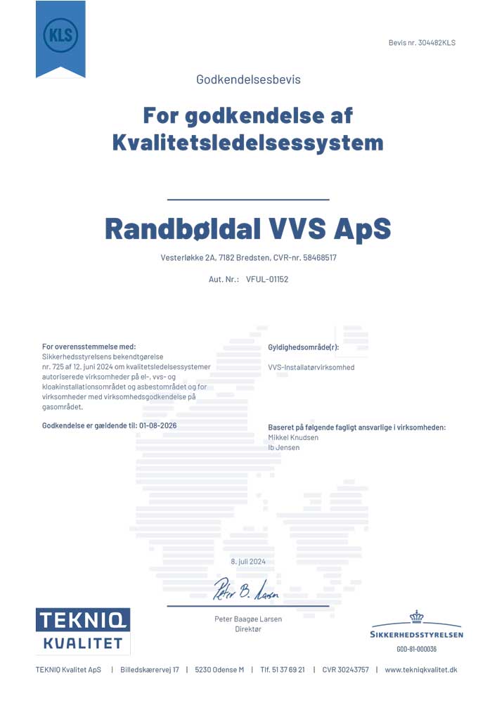Randbøldal VVS godkendelsesbevis KLS