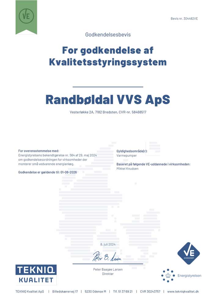 Randbøldal VVS godkendelsesbevis VE